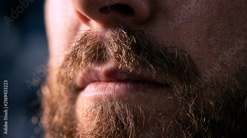 Close-up macro shot of a man's face showing his full beard and mustache, perfect for promoting beard care products or celebrating beard day on a warm, subtle background