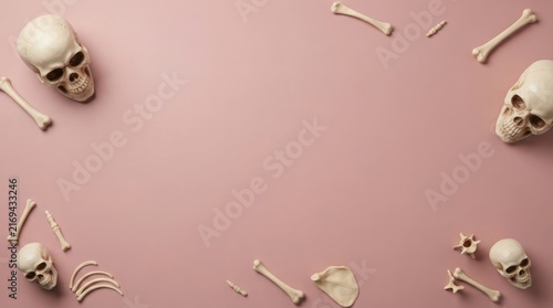 Human skulls and scattered bones on a pale pink background with copy space