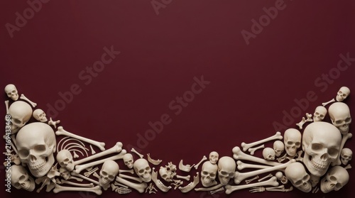 Collection of human skulls and bones arranged as a border on a dark red background