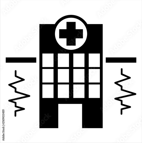 Hospital Building with Medical Cross and Pulse Waves