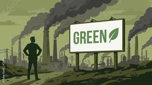 Greenwashing Concept with Polluting Factory and Eco Billboard
