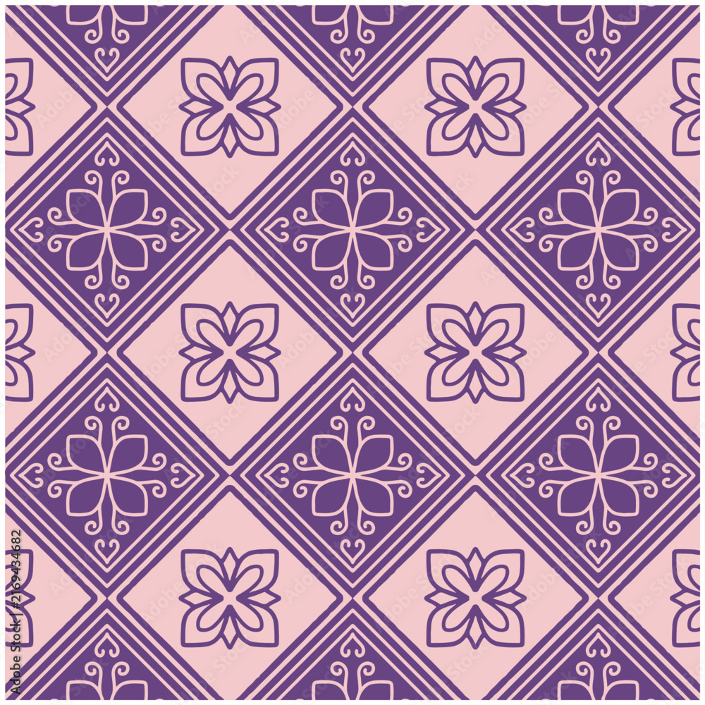 Fototapeta premium Seamless purple and pink diamond pattern with symmetrical geometric floral ornaments