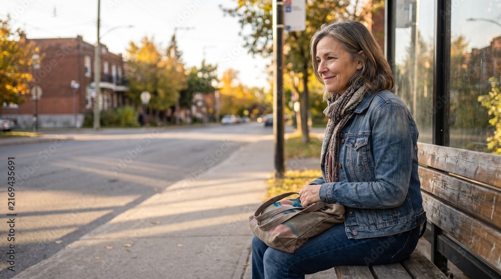 Fototapeta premium Mature woman smiling gently while waiting at a city bus stop bench during autumn sunset