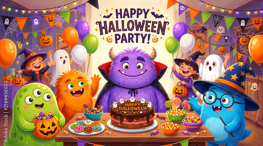 Fototapeta premium Cute monsters and children celebrating a festive Halloween party with a decorated cake and colorful balloons