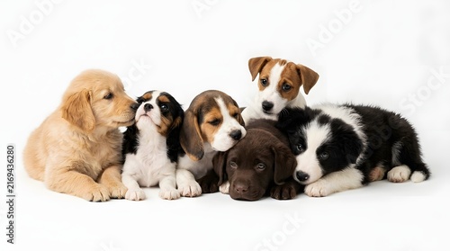Puppy Pile Perfection: A heartwarming collection of five adorable puppies, including golden retriever, beagle, cavalier, and border collie breeds, cuddled together, exuding innocence and charm.