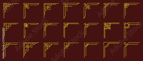 Traditional Chinese frame corners. Chinese gold retro ornamented traditional frame corner border icon. Japanese vintage border elements vector illustration set for card, invitation, poster, cover.