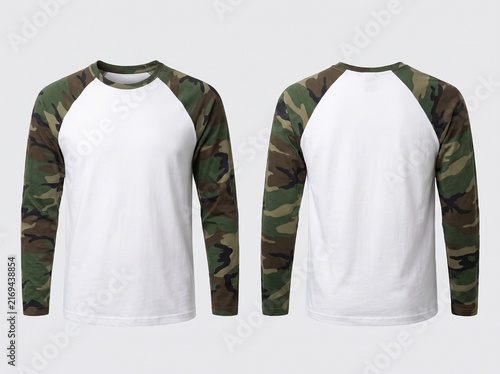 Blank Raglan Long Sleeve T-Shirt Mockup with Camouflage Sleeves and White Body, Front and Back View Isolated on White Background