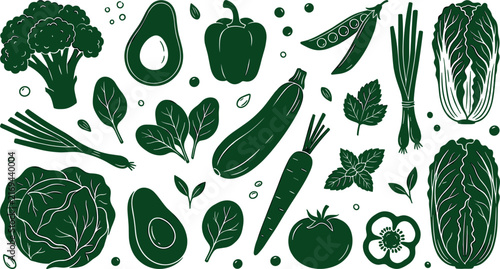 Green Organic Vegetables Silhouette Vector Collection for Healthy Eating Diet and Nutrition Designs