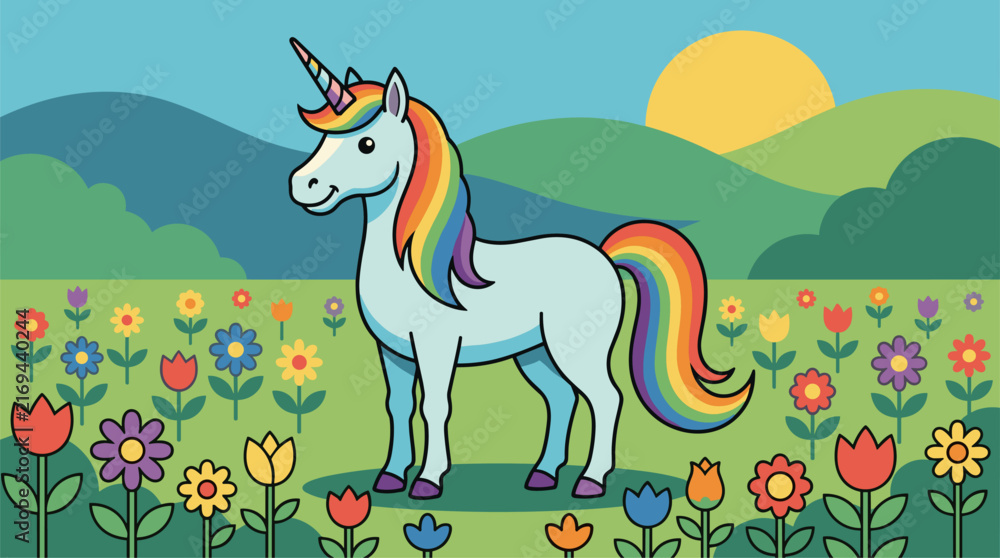 Fototapeta premium Flat design cartoon unicorn with rainbow mane and tail in a field of colorful flowers, sunny day