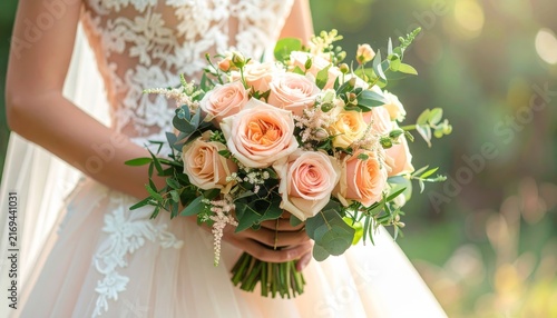 Bride Holding a Beautiful Bouquet of Fresh Flowers on Her Wedding Day