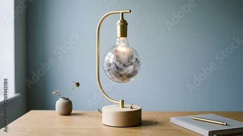 A contemporary gold arched desk lamp with a sizable edison bulb brightly illuminating a comfortable and inviting home office workspace setting