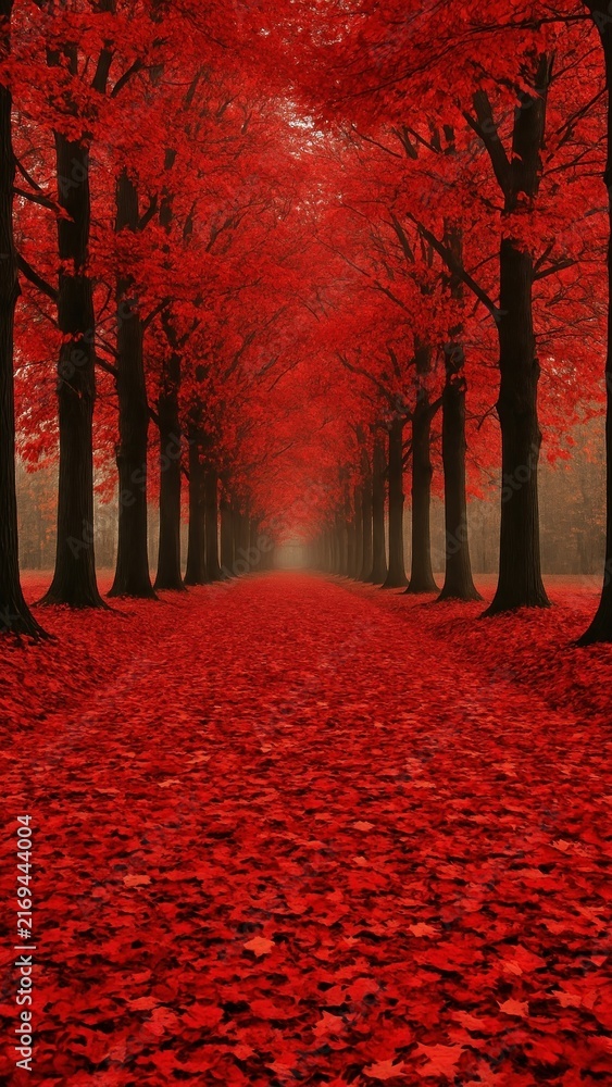 Fototapeta premium Vibrant red autumn pathway mobile wallpaper