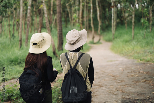 Cuadro en lienzo back-view-two-women-walking-along-forest-path.jpg