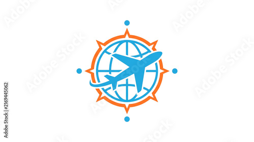 Modern travel logo with airplane and globe, compass rose navigation icon, blue and orange aviation symbol for tourism isolated PNG with Transparent Background