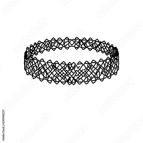 Tattoo choker necklace icon featuring a stretchy plastic neck accessory with an intricate woven pattern, popular among teens in the late 90s and early 2000s in a minimalist black and white style.
​