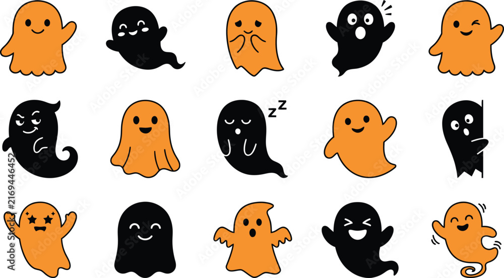 Obraz premium Cute Halloween ghost icons set, orange and black spooky spirits collection, 15 cartoon ghost characters in EPS format for festive decor