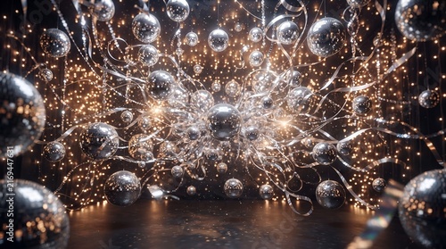 Abstract background featuring shiny chrome spheres and golden fairy lights.