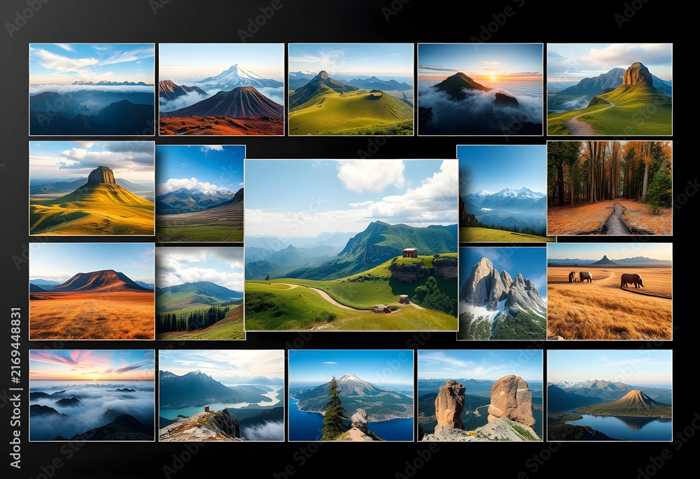 Fototapeta premium Nature and landscape photography collage diverse mountain views scenic vistas and outdoor adventure concepts