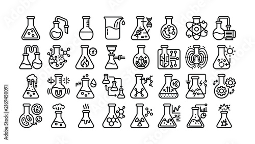 Foto Line art chemistry lab equipment and science icons set for education