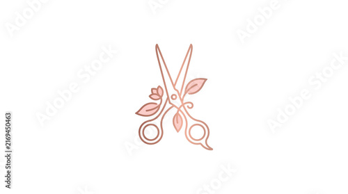 Rose gold hair scissors with floral leaf accents, elegant salon shears logo, metallic pink barber tool for beauty branding isolated PNG with Transparent Background