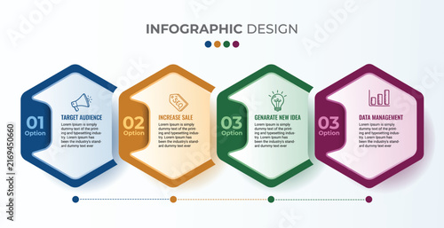 Modern Business Infographic Design Template with Four Colorful Options, Marketing Strategy and Data Management Concept