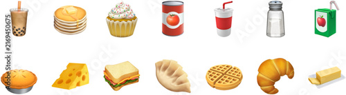 Food and beverage emoji collection featuring drinks, bread, cheese, pastries, sandwiches, seafood, fruit, and snacks. Colorful realistic icons create a playful culinary set. Perfect for menus, apps, 
