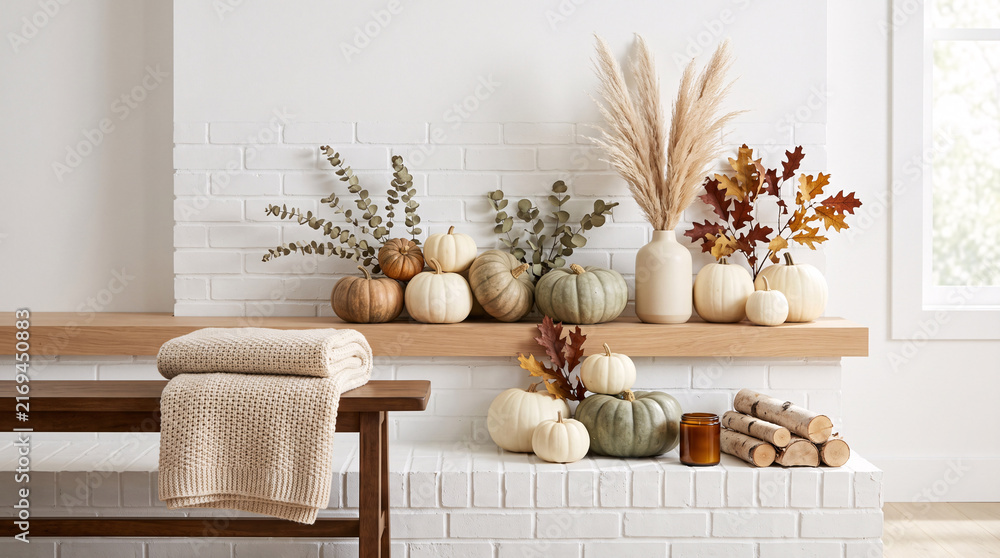 Obraz premium Décoration intérieure d'automne avec citrouilles et feuillages sur une cheminée