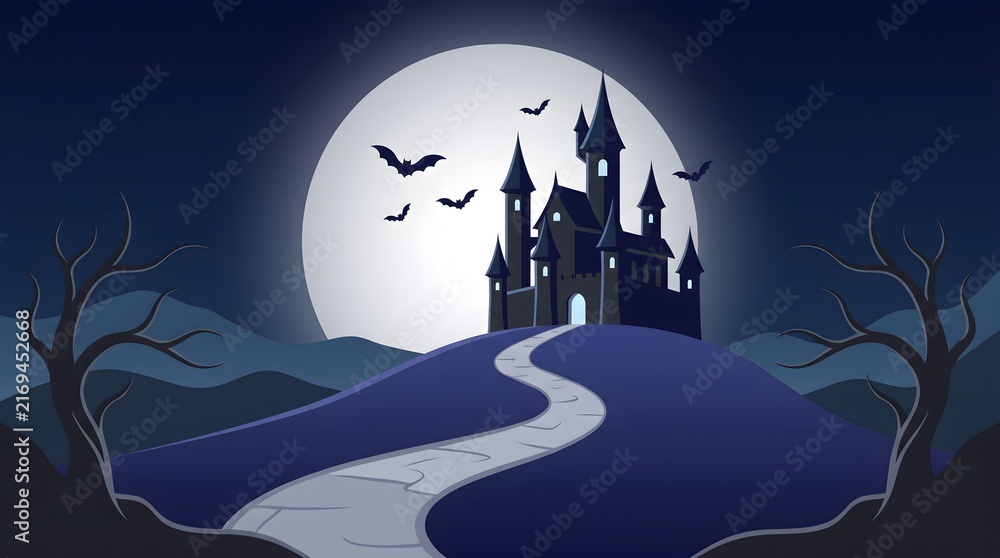 Fototapeta premium A spooky haunted castle silhouette standing on a hill under a large full moon with flying bats at night time