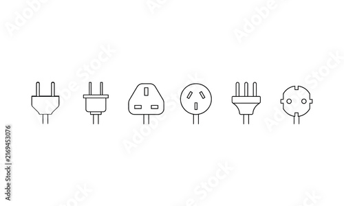 Collection of electrical plug silhouettes in a row during a clean studio presentation Isolated on white background