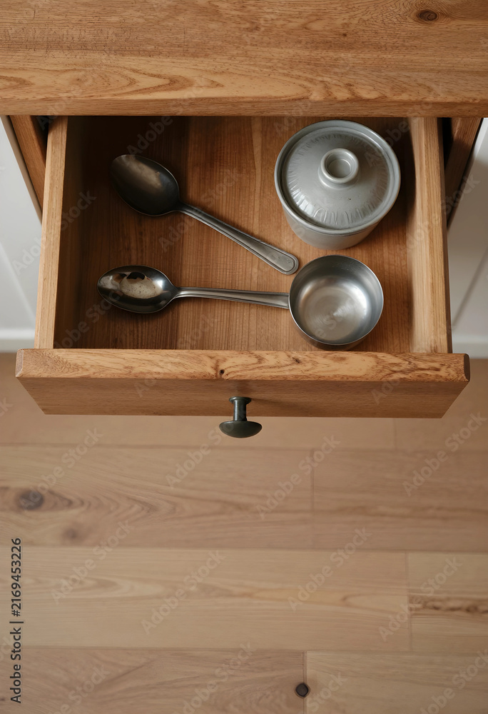 Fototapeta premium Kitchen organization and home decor, open wooden drawer with metal spoons and a small lidded pot, top-down view of kitchenware storage