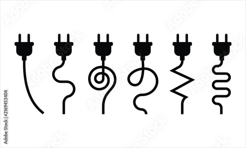 Electric plug silhouettes with varied cable shapes during concept development Isolated on white background