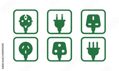 Electrical Plug Silhouettes in Green Frames Representing Energy and Connectivity Isolated on white background