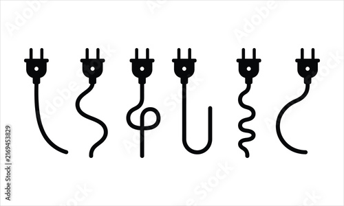 Electrical plugs with varied cord shapes in silhouette during creation Isolated on white background