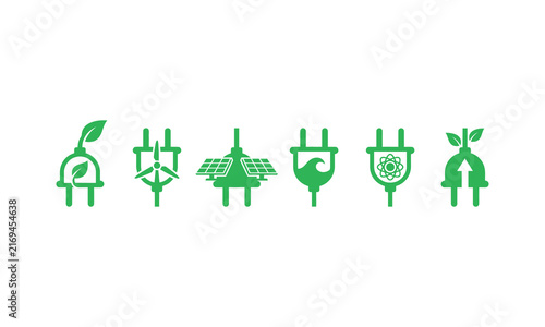 Green energy plugs with renewable symbols in a row during daylight isolated on white background