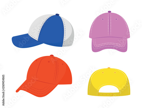 Foto Set of colorful baseball caps, side, front, back views in cartoon style