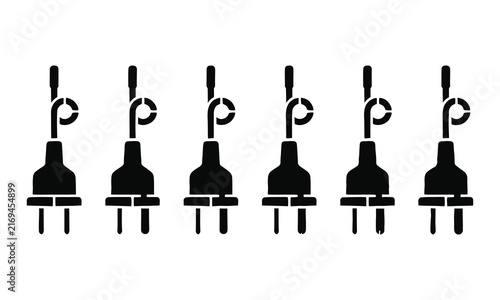 Six electrical plugs arranged in a row with looping cords against a white background in a 3D rendered silhouette style