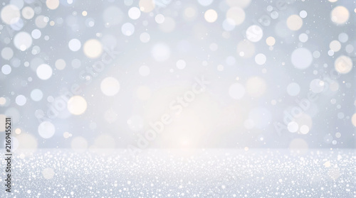 Abstract winter Christmas background with blurry bokeh lights and delicate snowflake border framing copy space. AI generated