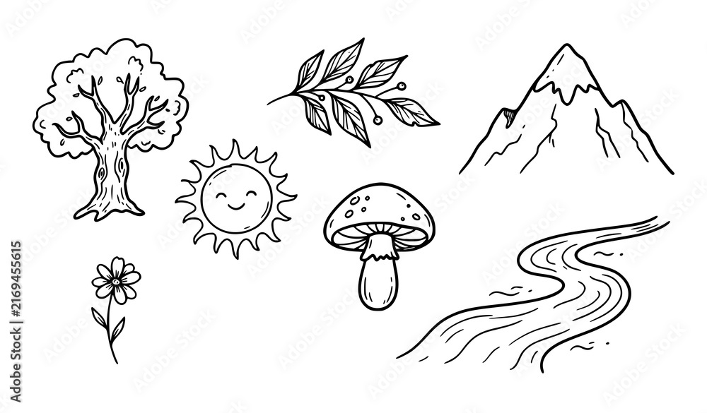 Obraz premium Hand drawn nature elements featuring tree, mountain, river, mushroom, sun, leaves, and small flowering plant