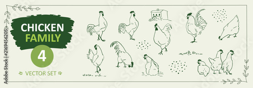 Rooster and Hen Farm Vector Set. Poultry Birds, Chicken Coop and Grain Isolated