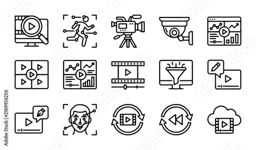 Video Analytics Icons, Digital Media Monitoring, Content Management, Surveillance, Data Visualization