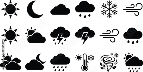 Weather forecast black icons set depicting sun moon clouds rain snow wind and storm with forecast