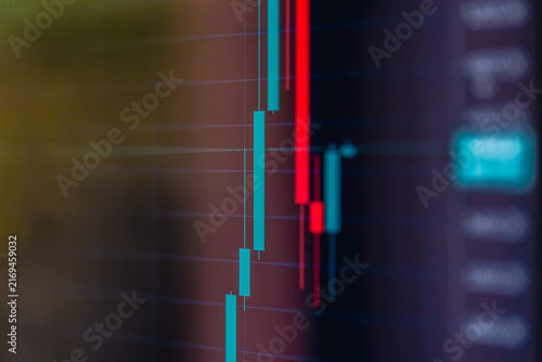 Financial candlestick chart in close view. Trading data background with copy space.