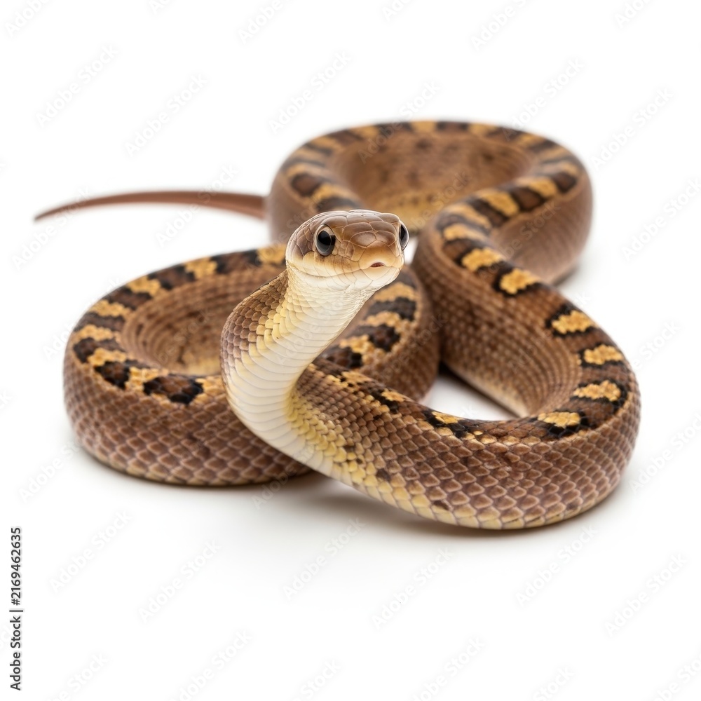 Obraz premium Coiled Brown Snake with Yellow Pattern Isolated on White Background