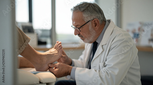 An elderly podiatrist examines foot calluses under examination lighting in a clinic while lab grown meat research pamphlets sit on a waiting room table visible through the glass