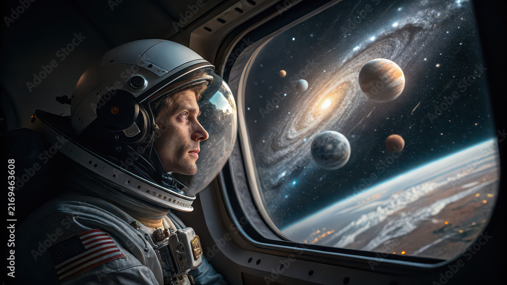 Fototapeta premium Astronaut looking out of spaceship window at distant planets