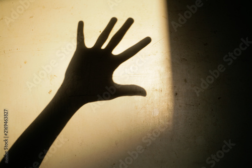 Close up shadow of open palm hand gesture on the white dirty wall
