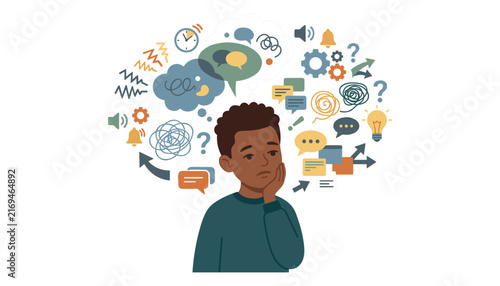Foto Man Overwhelmed by Thoughts, Ideas, and Complex Concepts in a Swirling