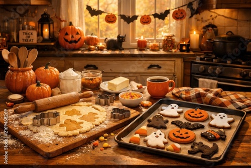 Halloween cookie baking scene with pumpkin ghost and bat treats in a cozy autumn kitchen