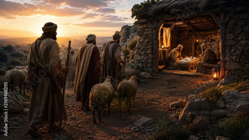 Shepherds with sheep approaching a glowing nativity stable at sunset in Bethlehem