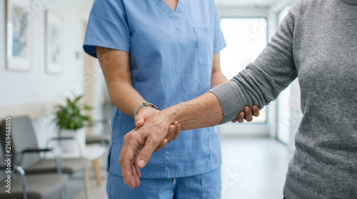 Nurse assisting elderly person with rehabilitation in hospital hallway